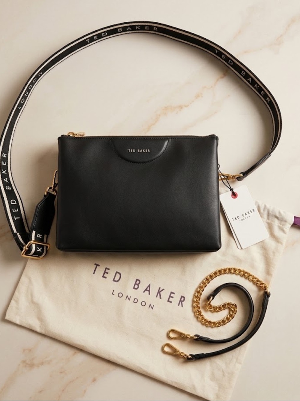 Ted Baker London Black Leather Crossbody Gold Chain Straps NWT Dust Black
